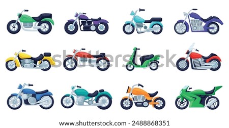 Cartoon motorbike set. Motorcycle colorful icons. Bikes motorcycle for sport and transportation. Urban vehicle, delivery transport nowaday vector clipart