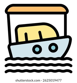 Cartoon motorboat with a cabin and canopy sailing on calm blue water
