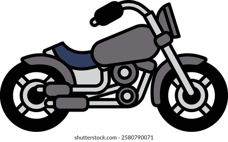 A cartoon motorcycle with a blue seat. The motorcycle is parked on a white background. Scene is lighthearted and fun