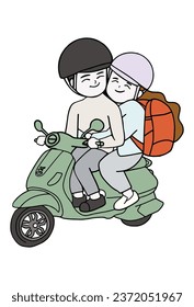 Cartoon Motorcycle Couple riding a green vespa Wear a helmet and carry a backpack Smile at each other and happy