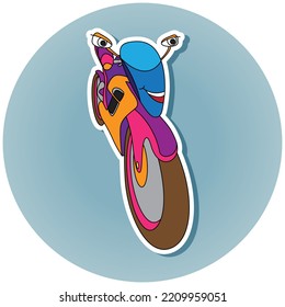 Cartoon motorcycle sticker for boys. Small funny vector cute vehicle with eyes and mouth, funny smile auto icon.  Children vector color illustration for scrapbook. Comic character for kids