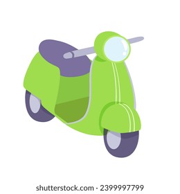 Cartoon motorcycle vector illustration. Cute green scooter isolated on white background. Fast delivery service, courier delivery, colorful toy. Funny holidays, vacation, trip.