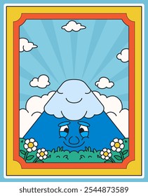 Carácter de la montaña de la historieta con la cara sonriente rodeada por el cielo azul brillante, las nubes alegres, y las flores coloridas en un marco decorativo vibrante, perfecto para el diseño del cartel de las Ilustraciones de los niños