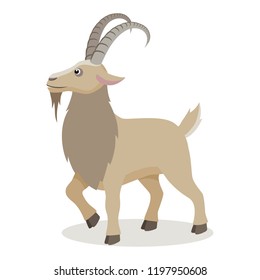 Cartoon mountain goat in flat style. Cute realistic goat with long horns for decor, learning children. Vector illustration.