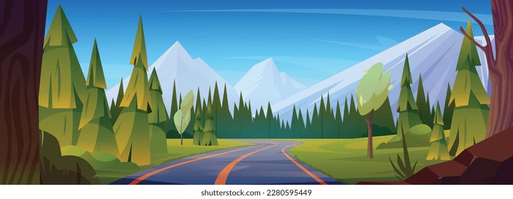 Cartoon mountain highway. Vector illustration of asphalt road, forest trees and green grass on sides, high Alpine rocks with glacier on peaks, clear blue sky. Beautiful landscape. Travel adventure