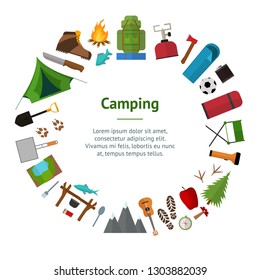 Cartoon Mountain Hike Elements Banner Card Circle Tourism Concept Flat Design Style. Vector illustration of Symbol Travel and Adventure Icon