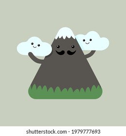 Cartoon mountain holds clouds. Vector illustration. 