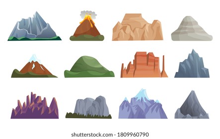 Cartoon mountain icon. Hill top, mountain peak, erupting volcano, iceberg, rock ridge, cliff crest with stone cartoon icon set on white. Vector rocky natural landscape element illustration