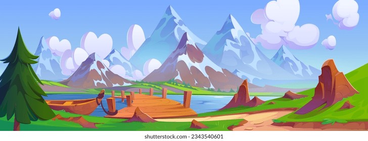 Lago de montaña de caricatura con barco de madera amarrado al viejo puente. Ilustración vectorial de un bello fondo natural, sendero y árbol de abetos sobre una colina verde, rocas altas con glaciar en la parte superior, cielo azul soleado