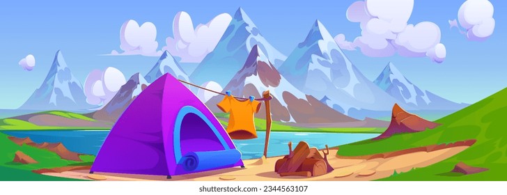 Cartoon mountain landscape with camp near lake. Vector illustration of tourist tent and campfire, beautiful natural background, footpath on green hill, high rocks with glacier on top, blue sunny sky