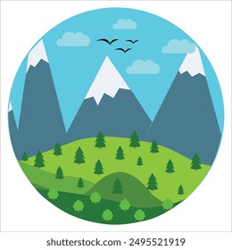 Cartoon mountain landscape in circle Royalty Free Vector