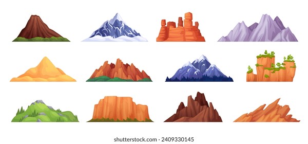 Elementos de paisajes montañosos de dibujos animados. Picos de hielo vectorial, colinas, cañones, dunas de arena, rocas y volcanes para el acampada, la escalada o el senderismo