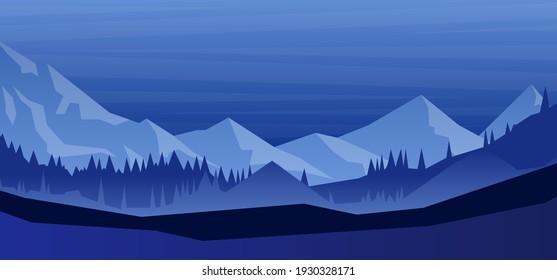 Paisaje montañoso de dibujos animados con abetos de estilo plano. Elemento de diseño para afiche, tarjeta, pancarta, volante. Ilustración del vector