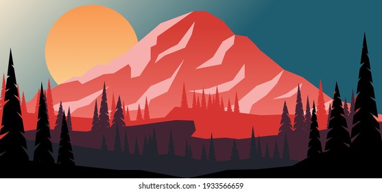 Cartoon mountain landscape with fir trees  in flat style. Design element for poster, card, banner, flyer. Vector illustration