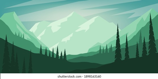 Cartoon mountain landscape in flat style. Design element for poster, card, banner, flyer. Vector illustration