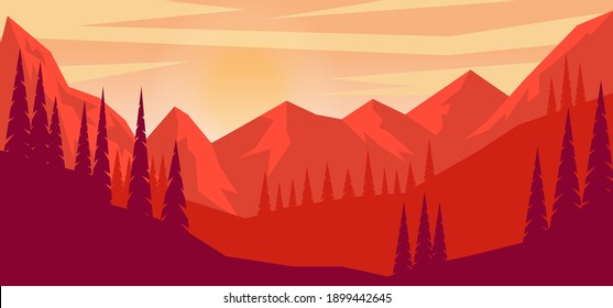 Cartoon mountain landscape in flat style. Design element for poster, card, banner, flyer. Vector illustration