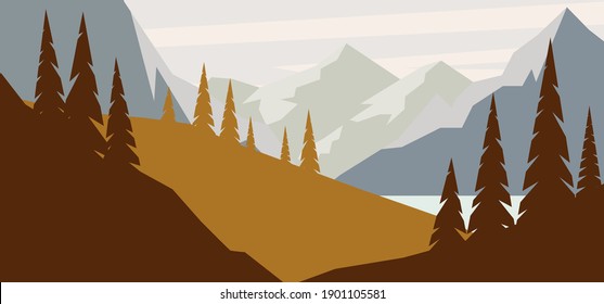 Cartoon mountain landscape in flat style. Design element for poster, card, banner, flyer. Vector illustration