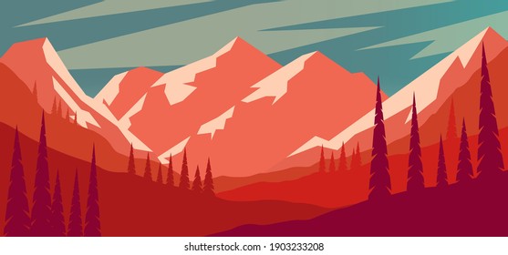 Cartoon mountain landscape in flat style. Design element for poster, card, banner, flyer. Vector illustration