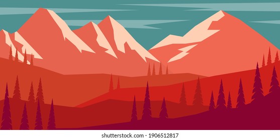 Cartoon mountain landscape in flat style. Design element for poster, card, banner, flyer. Vector illustration
