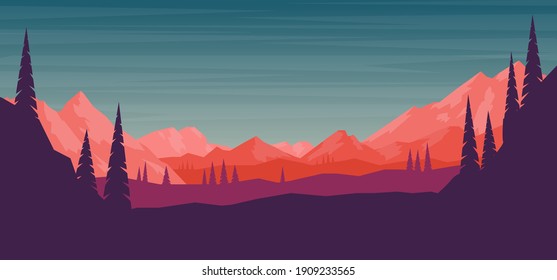 Cartoon mountain landscape in flat style. Design element for poster, card, banner, flyer. Vector illustration