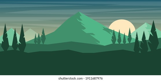 Cartoon mountain landscape in flat style. Design element for poster, card, banner, flyer. Vector illustration