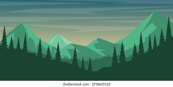 Paisaje de montaña de dibujos animados de estilo plano. Elemento de diseño para afiche, tarjeta, pancarta, volante. Ilustración del vector