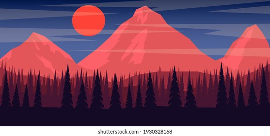 Paisaje de montaña de dibujos animados de estilo plano. Elemento de diseño para afiche, tarjeta, pancarta, volante. Ilustración del vector