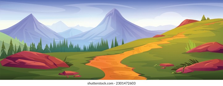 Cartoon mountain landscape with foothpath and pine forest. Vector illustration of majestic peaks on horizon, green grass, tall trees, stones on ground. Summer scenery for hiking, recreation travel