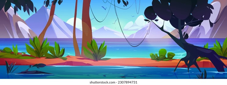 Cartoon mountain landscape with lake and rainforest. Vector illustration of forest with lianas on trees, green plants on bank of river flowing between high rocks, birds flying in blue summer sky