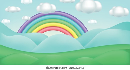 Cartoon Mountain Landscape With Rainbow. Artistic Illustration. 3d Vector Background.