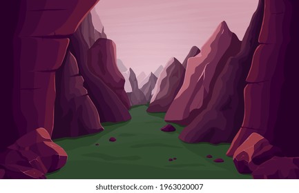 Cartoon mountain landscape. Red canyon, nature adventure in stone park. View from rock gorge, beautiful cliffs and extreme travel recent vector background