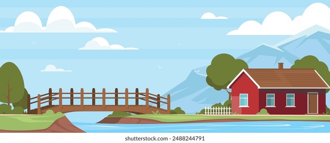 Paisaje de montaña de dibujos animados. Casa rural en la orilla del río. Puente de madera. Estructura que conecta las costas. Árboles forestales. Pequeña casa de pueblo. Naturaleza salvaje. Vector verano