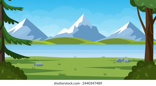 Paisaje de montaña de dibujos animados con bosque de verano. naturaleza hermosa con árboles verdes, agua del lago del río. Ilustración vectorial en estilo plano