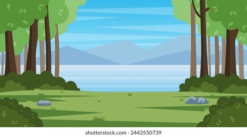 Cartoon Mountain landscape with summer forest. countryside beautiful nature with green trees, river lake water, silhouettes of mountains. Vector illustration in flat style