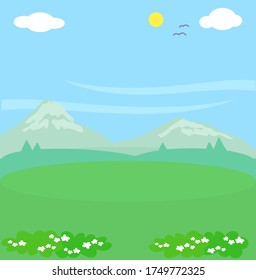 Paisaje de montaña de dibujos animados en verano, fondo de ilustración vectorial