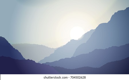 Cartoon mountain landscape in sunset.