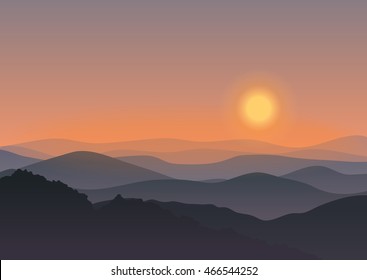 Cartoon mountain landscape in sunset. Background Outdoor Recreation concept illustration