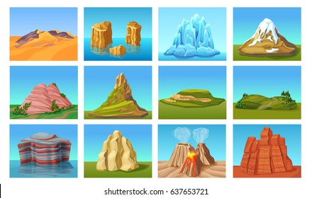 Cartoon mountain landscapes set with desert hills green peaks stones rocks in water ice mounts volcanoes isolated vector illustration