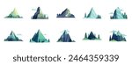 Cartoon mountain nature landscape vector set, mountains icon flat design illustration, mountain peak or hill top, ice berg and rocky mountain isolated