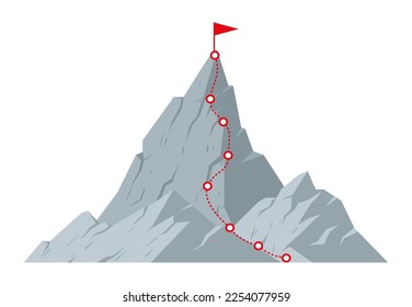 Cartoon mountain peak climbing progress. Dotted route with red flag on top, rocky range hiking trip to mountains top flat vector illustration on white background