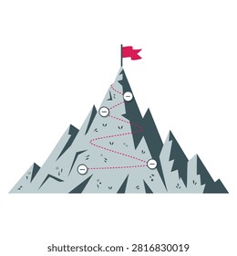 Cartoon mountain peak climbing progress with dotted route red flag on top and rocky range hiking trip illustration