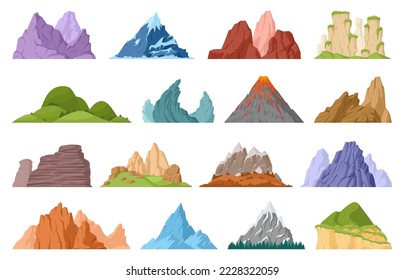 Cartoon mountain peak, green hills and glacier mountain. Nature landscape mountain peaks, hill top and iceberg flat vector illustration set. Outdoor hiking rock collection