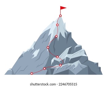 Cartoon mountain peak route. Dotted route hiking trip to mountain top, rock climbing progress with red flag on top flat vector illustration on white background