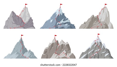 Cartoon mountain peak route, hiking trip to mountains top. Rocky range climbing progress, dotted route with red flag on top flat vector illustration. Mountain climb concept