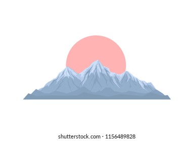 cartoon mountain range with pink sun isolated vector graphic