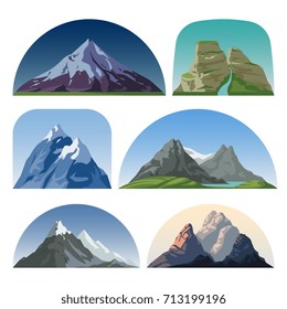 Cartoon mountain side vector landscapes. Outdoor hill tops isolated collection. Mountain landscape hill peak, rock and snow illustration