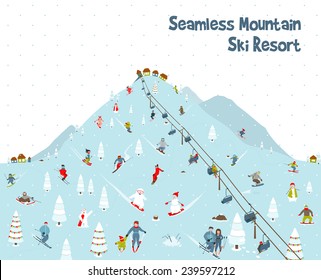 Cartoon Mountain Ski Resort Seamless Border Pattern. Mountain skiing background border resort with people. Vector illustration.