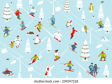 Cartoon Mountain Ski Resort Seamless Pattern. Mountain skiing background winter resort with people Vector illustration.