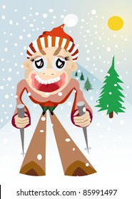 Cartoon mountain skier