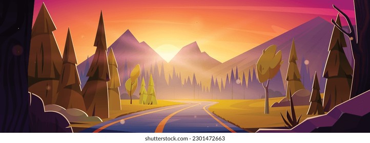 Cartoon Berg Sonnenuntergang Aussicht von der Autobahn. Vektorgrafik einer wunderschönen Naturlandschaft mit Sonne, die sich hinter den Felssilhouetten, dem Pinienwald entlang der Talstrasse befindet. Reisebanner für den Sommer